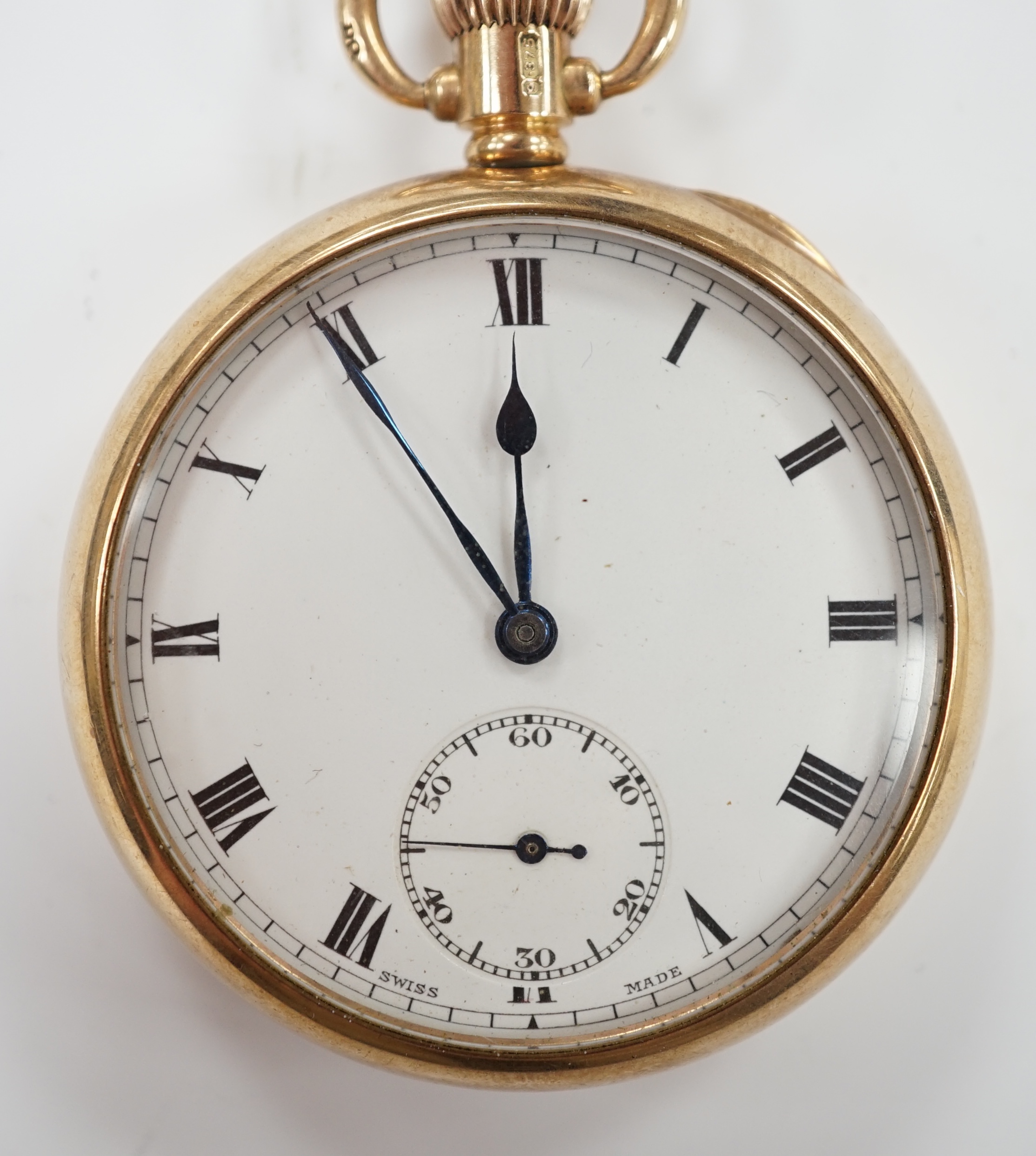 A George V 9ct gold open face keyless pocket watch, with Roman dial and subsidiary seconds, case diameter 48mm, gross weight 84.7 grams.